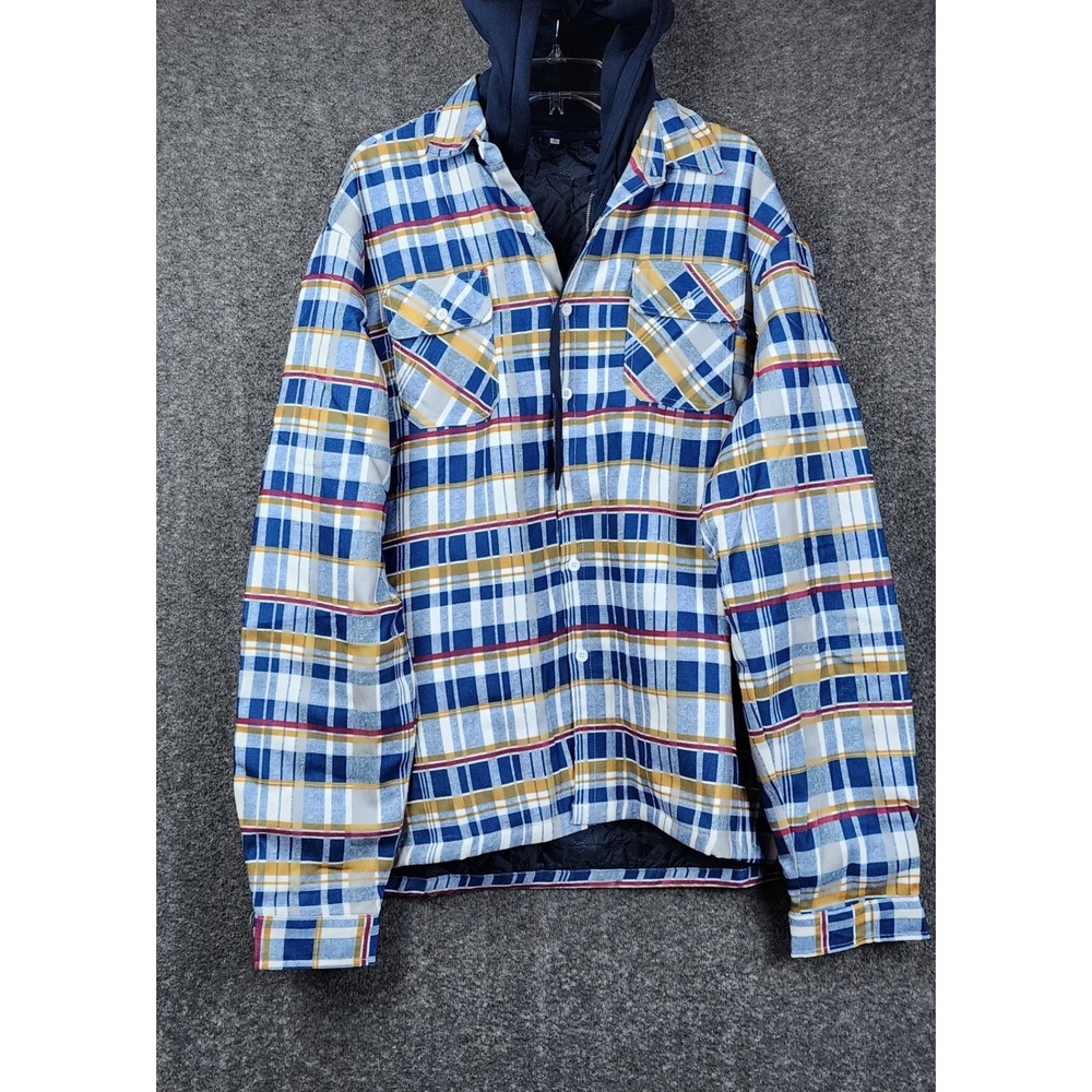 Unbranded Hooded Flannel Jacket Mens 3XL Blue Plaid Quilted Lined Shacket